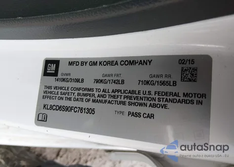 2015 Chevrolet Spark 1Lt Cvt из США, поврежденный, VIN KL8CD6S90FC761305